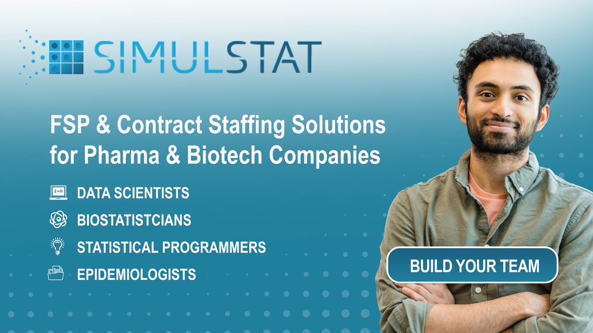 SimulStat's tweet photo. Having the right team in place is key to improving efficiency + costs associated with clinical trials. That’s why we're offering a range of flexible staffing solutions. https://t.co/MHMkywgIps
#biostatistics #biostatistician #sasprogramming https://t.co/FOi4t7Q6Yg
