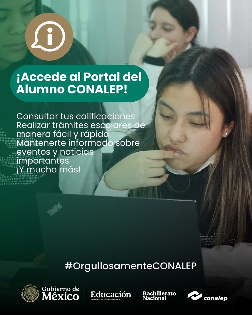 ¿Eres estudiante de #CONALEP? ¡Tenemos todo lo que necesitas en un solo lugar! 📚✨

Consultar tus calificaciones.
Realizar trámites escolares de manera fácil y rápida 
Mantenerte informado sobre eventos y noticias importantes.

🔍Consulta aquí: goo.su/ccgb