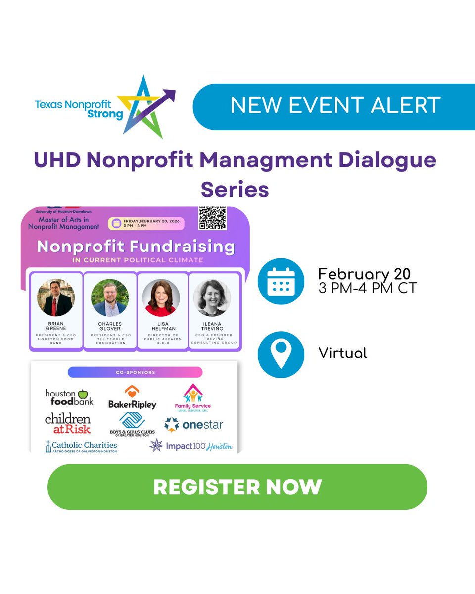 NonprofitStrong's tweet photo. The MA in Nonprofit Management at University of Houston–Downtown is launching its new Nonprofit Management Dialogue Series! The first session focuses on fundraising in today’s political climate. 🚨 Register NOW 🚨https://t.co/JHZTBY0fH5 https://t.co/C8wyBhY8vw