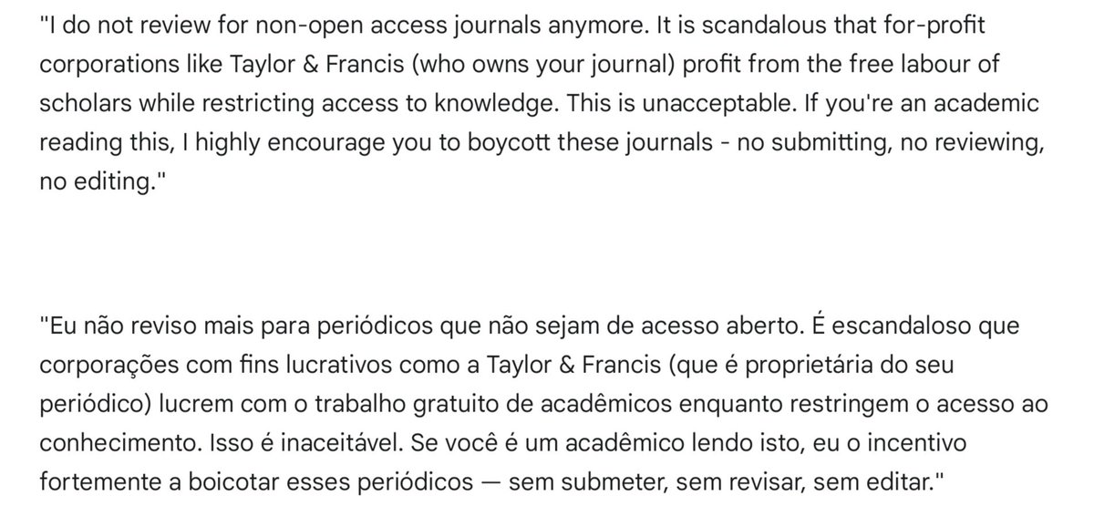 Eu não reviso mais artigos para revistas que cobram a publicação ou o acesso a artigos científicos. Gastamos uma fortuna para produzir conhecimento e essas editoras lucram fortunas neste "mercado" que só exclui quem está na periferia mundial. Tô fora.