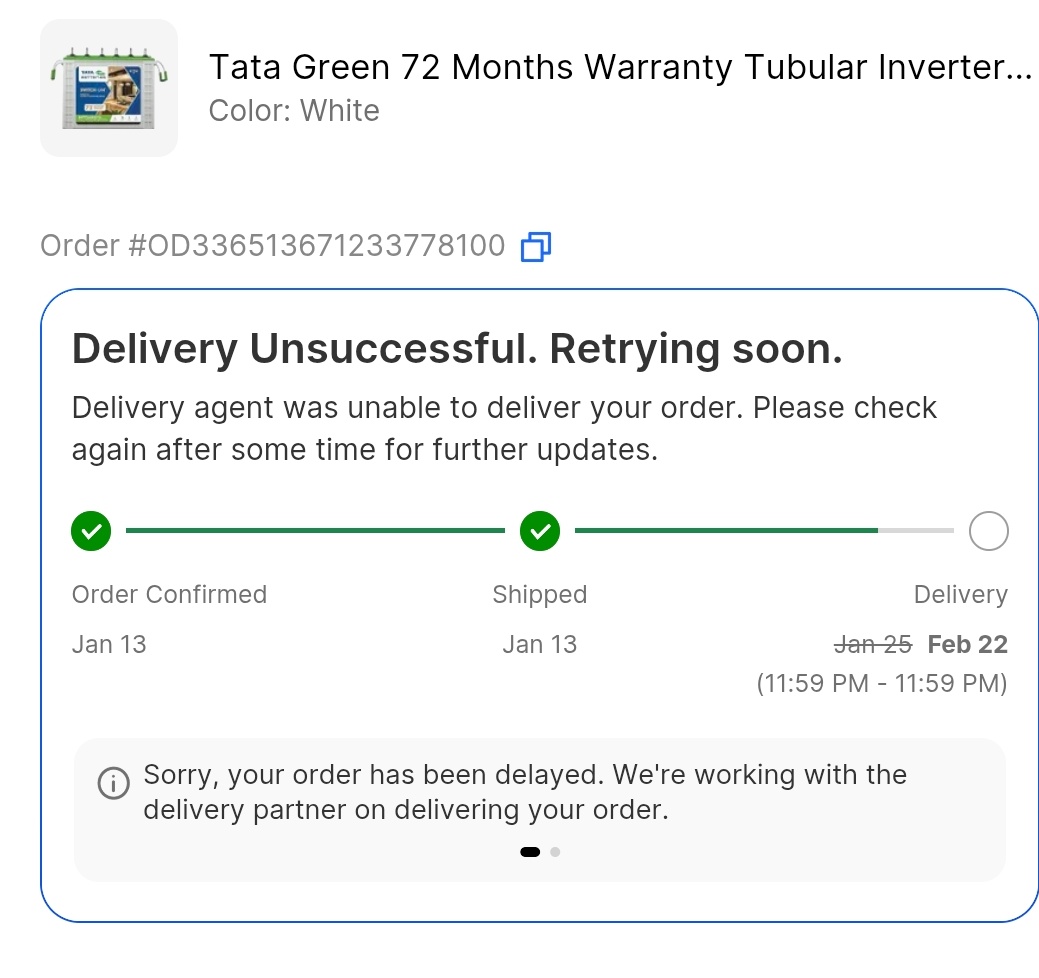 Mukulg_9's tweet photo. Ordered Tata Battery on 13Jan Order status shows Shipped  but after speaking to Tata Battery dispatch team thy confirmed it not shipped at all
Delivery date changed 4TIMES No transparency No proper response
Showing fake shipping status and misleading customers is unacceptable https://t.co/4lC82zUwiN