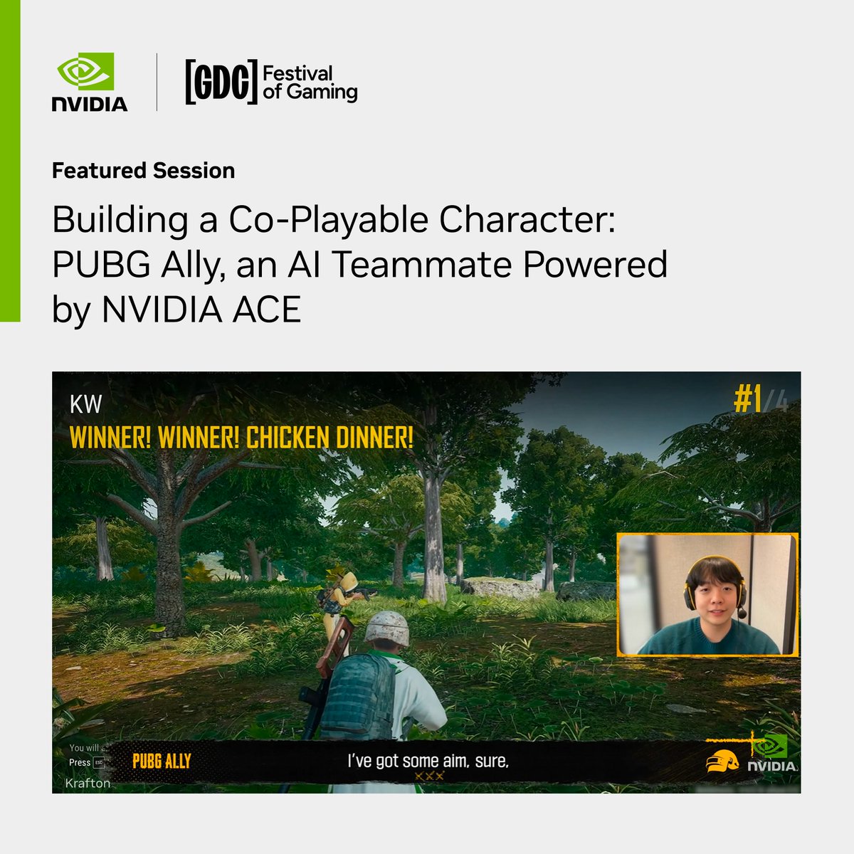 At #GDC2026, we're diving deep with Krafton engineers to discuss PUBG: Ally.

Join the session to learn about the implementation of a complete conversational pipeline, powered by NVIDIA ACE, to create a real-time AI companion that talks, jokes, reacts to player commands and
