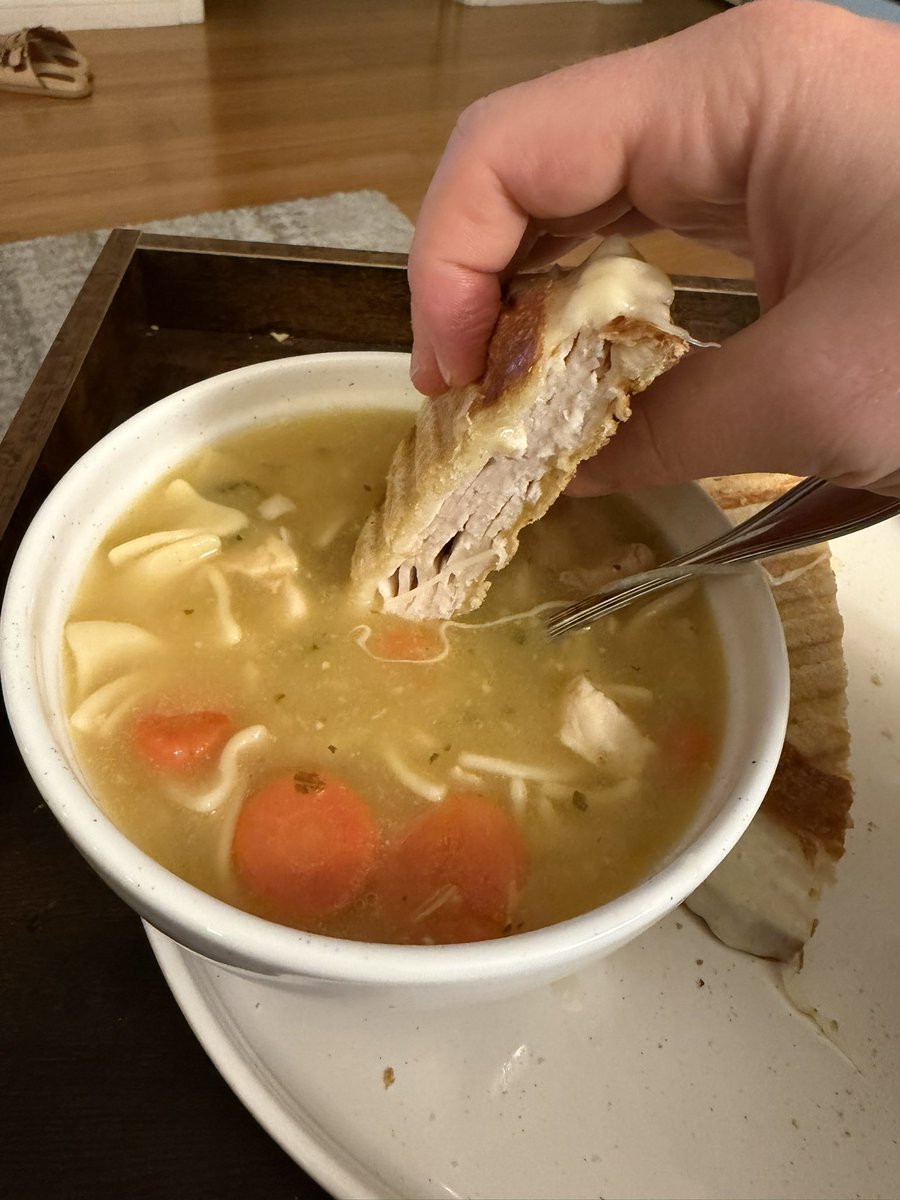 samviz19's tweet photo. I know that tomato soup and grilled cheese is the usual combo, but people are sleeping on turkey and provolone Panini with chicken noodle soup https://t.co/XuQm6encZI
