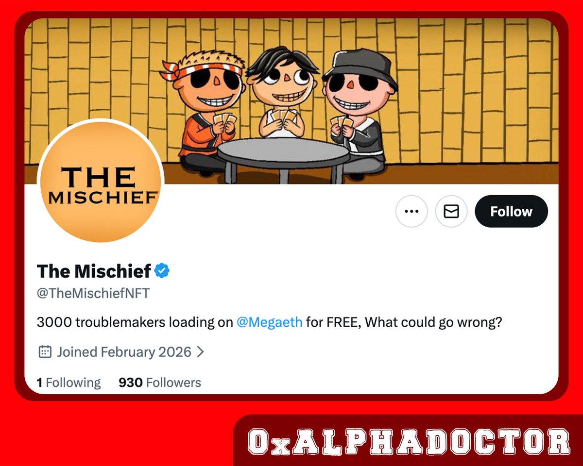 0xAlphaDoctor's tweet image. Do we need WL?

𒀸 @TheMischiefNFT
      Freemint ⊹ 3000 ⊹ MegaETH

Like+RT