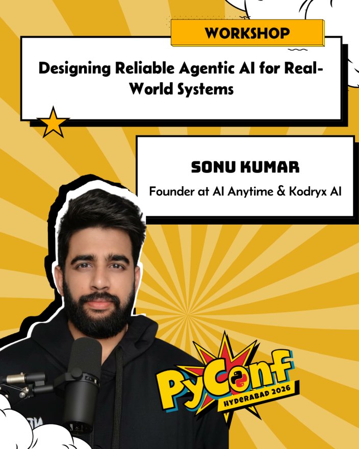 🎉 We’re excited to welcome Sonu Kumar as a Workshop Speaker at #PyConfHyd2026.

In his session, you will explore how to design smarter, context-aware AI agents &amp; what it takes to move from demos to reliable real-world deployment.

🎟️ Grab your ticket now: 2026.pyconfhyd.org/tickets