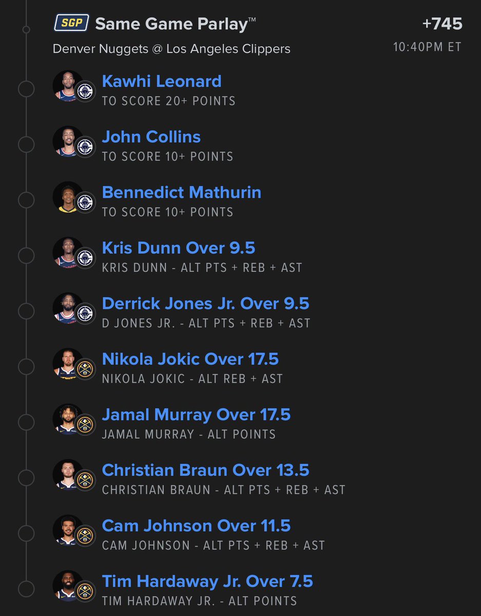 - My <a href="/OdeezyFbaby/">TheIiteKing</a> play of the night. Bulls vs Raptors &amp; Clippers vs Nuggets Lotto.

DON’T ABANDON THE SAME GAME PARLAYS!!! All links below.⬇️

#NBA 
#SeeRed 
#WeTheNorth 
#ClipperNation 
#MileHighBasketball 

+745: gambly.com/share-bet/lZ9A…

+892: gambly.com/share-bet/cPEE…

+8292: