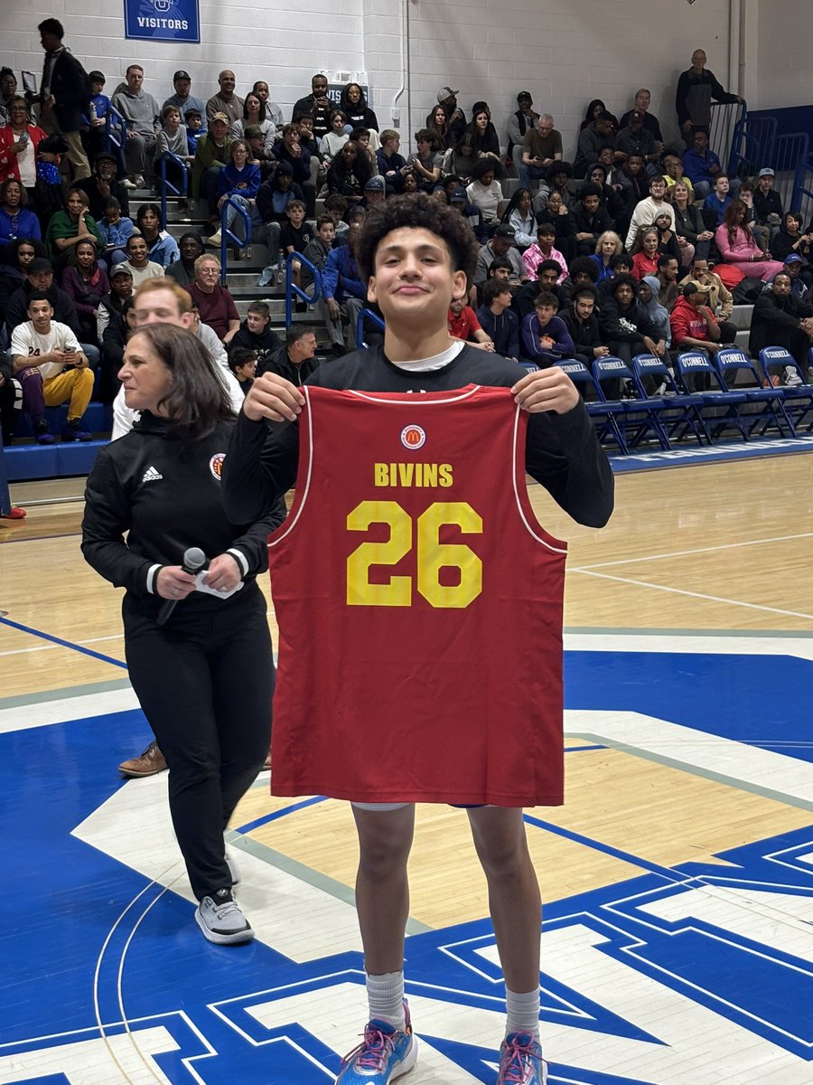 OConnellBBall's tweet photo. Congratulations to Darius Bivins for being named a 2026 McDonald’s All American! At his senior night against DeMatha last week he was given his jersey to celebrate his accomplishments! 🍟🍔🏀⭐️ https://t.co/vrpxuKkUfo