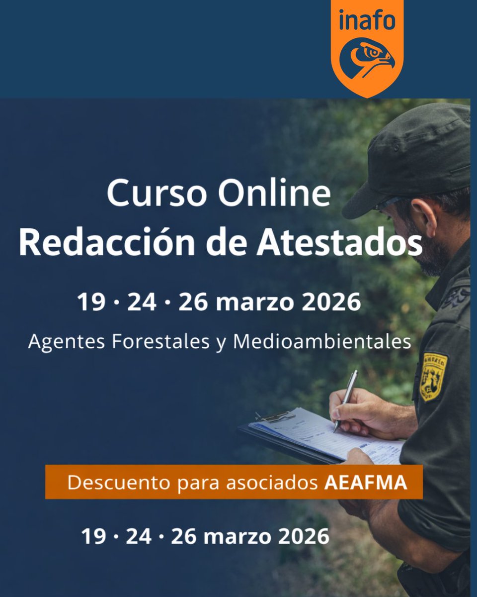 inafo_oficial's tweet photo. Nuevo curso online: 𝐑𝐞𝐝𝐚𝐜𝐜𝐢ó𝐧 𝐝𝐞 𝐀𝐭𝐞𝐬𝐭𝐚𝐝𝐨𝐬
Dirigido exclusivamente a Agentes Forestales y Medioambientales.

📅 19, 24 y 26 de marzo de 2026
⏰ 17:00 a 19:30
💻 Modalidad online · Campus virtual INAFO

 Precio general: 70 €
Descuentos especiales para asociados https://t.co/e6DrHy8equ