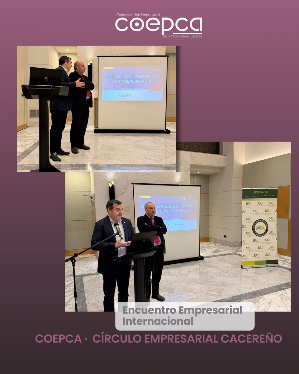 coepca's tweet photo. COEPCA presente en los Encuentros Empresariales del Círculo Empresarial Cacereño.

Nuestro presidente, Diego Hernández, participa en la jornada con Borys Alfredo Mejía Aguirre, Consejero Comercial de Ecuador en España. https://t.co/XqOBwuZXEH