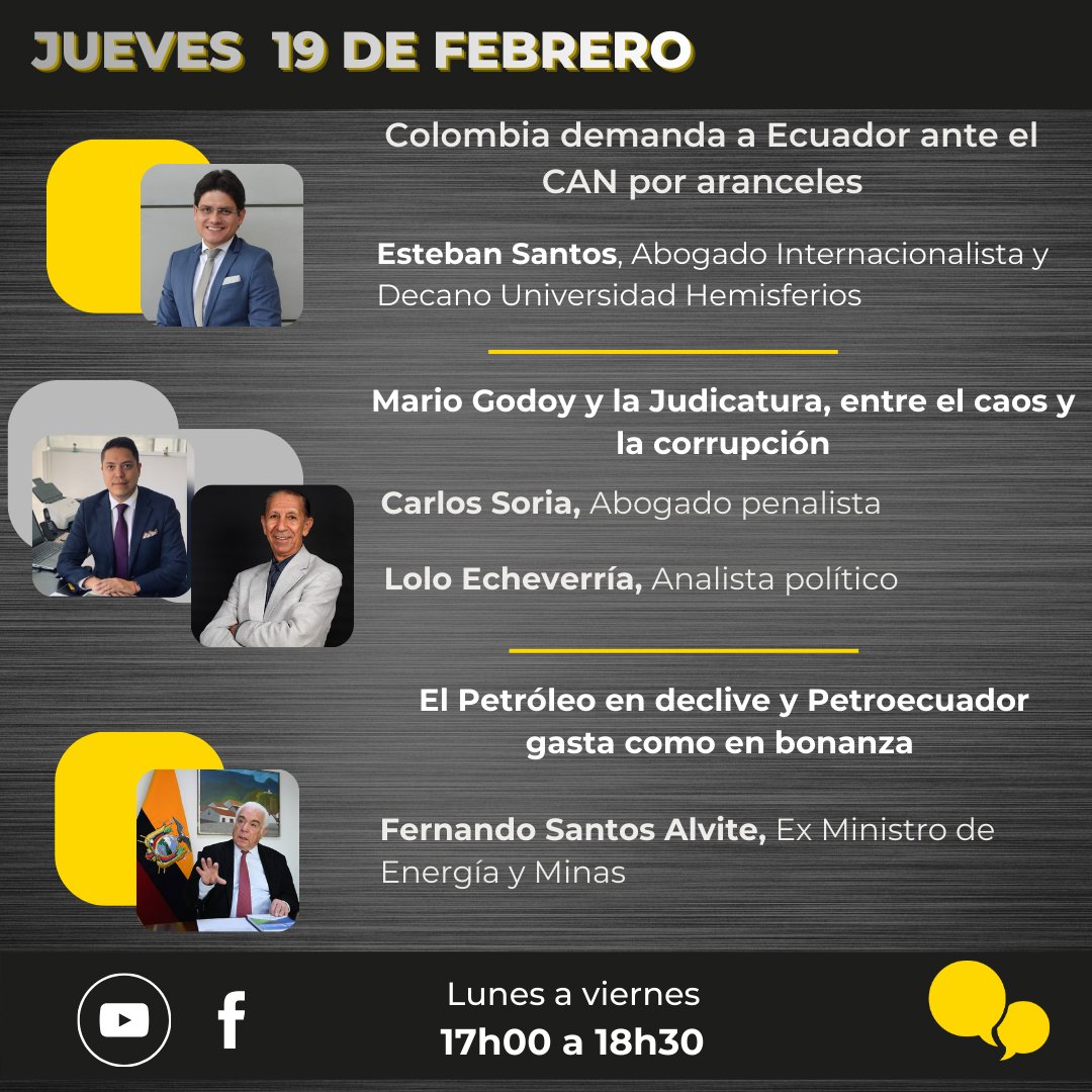 Jueves 19 de febrero de 2026 a las 17h00 ⏰

Nuestros invitados:

🎙️<a href="/estebansantosl/">Esteban Santos L.</a>

🎙️<a href="/calilo84/">Carlos Soria</a>
 
🎙️Lolo Echeverría 

🎙️Fernando Santos
