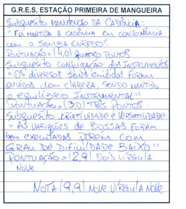 camilinhadalei's tweet photo. Esse é o motivo de tirar UM DÉCIMO da BATERIA DA MANGUEIRA: "bossas bem executadas, porém com grau de dificuldade baixo". 

Isso é um escárnio com uma bateria do tamanho e tradição da Estação Primeira. Absurdo e sórdido, fiquei sem palavras. https://t.co/gQjkEi7P05