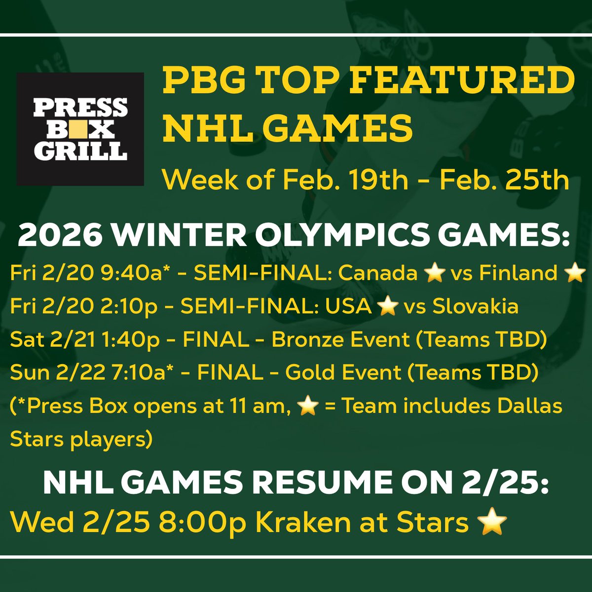 pressboxgrill's tweet photo. Catch the Winter Olympics men’s hockey semifinals and finals, NHL action resuming on 2/25 (with a Stars game on the slate), and NBA regular-season games playing this week on our TVs at Press Box Grill. 

#dallassports #dallasbars #downtowndallas #dallas #dallastx https://t.co/DZoHMkq4rW