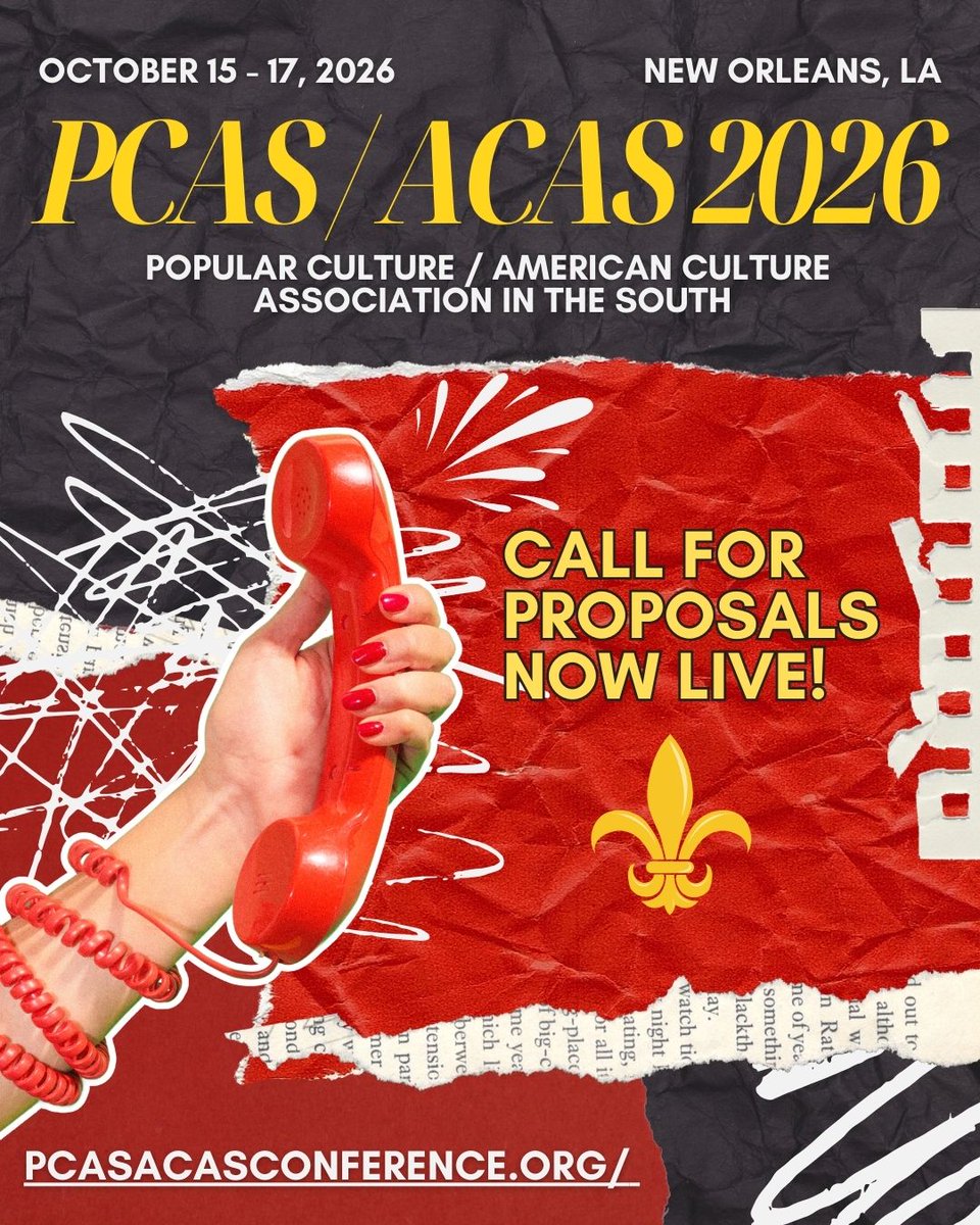 pcasacas's tweet photo. The CFP for PCAS/ ACAS 2026 in New Orleans is now live! We'd love to hear all about your latest research on film, TV, Literature, Video Games, and Culture!

More info at:
https://t.co/yadaEUl4Er

#CFP #PCASACAS #popculture #conference https://t.co/JiI1kcT5qB