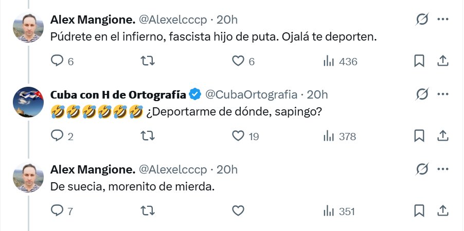 De vez en cuando llegan a mi cuenta idiotas de izquierda como <a href="/Alexelcccp/">Alex Mangione.</a> para pedir que me deporten.

Ser zurdo es todo «amor», pero además son ignorantes y analfabetos. No, no me pueden deportar de Suecia porque soy ciudadano, un derecho ganado por mí hasta el último milímetro.