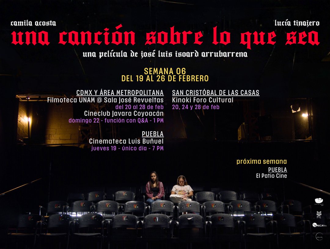 BenucaFilms's tweet photo. Este bebé que amamos tanto, UNA CANCIÓN SOBRE LO QUE SEA, llega a su 6ª semana de exhibición.

Nos vemos en @FilmotecaUNAM Sala José Revueltas; en Cineclub Javara Coyoacán, para una función especial con Q&amp;A; HOY único día en la @cinemateca_pue, y también sigue en @kinokisancris https://t.co/B9pTRg12lQ