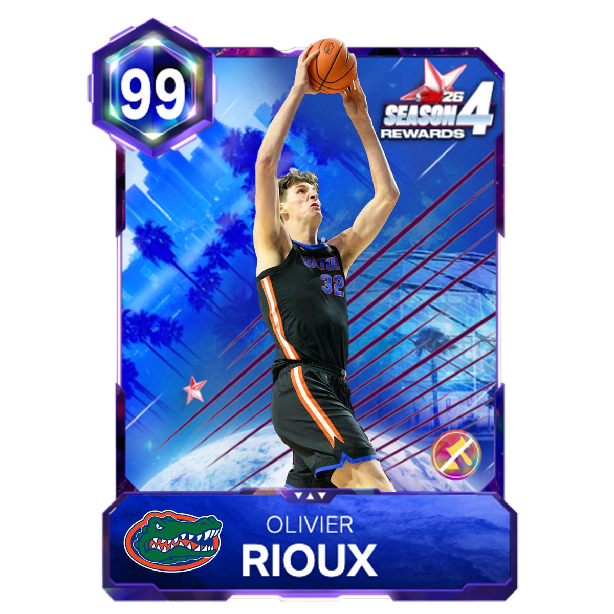 SamRappOnAir's tweet photo. Gators Center Olivier Rioux has a new "broken" 99 overall card in NBA 2K26 MyTeam, according to my sources. https://t.co/EmfV7hLMwU