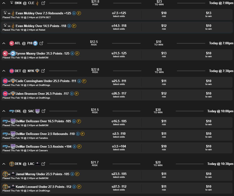 TheNBACrystal's tweet photo. Daily Free NBA Player Picks 🔮 2-19-26
PICKS: 
Evan Mobley OVER 14.5 PTS
Evan Mobley OVER 7.5 REB
Tyrese Maxey UNDER 31.5 PTS
Cade Cunningham UNDER 25.5 PTS
Jalen Brunson OVER 26.5 PTS
DeMar DeRozan OVER 16.5 PTS
DeMar DeRozan OVER 2.5 REB
DeMar DeRozan OVER 3.5 AST
Jamal Murray UNDER 23.5 PTS
Kawhi Leonard UNDER 27.5 PTS

The NBA is back in action and so are we. Hope everyone had a nice week so far, its time to continue pushing into the green. 

See spreadsheet for all exact player predictions and confidence intervals. Using these spreadsheets to create alternate lines is my recommendation for consistent success.

#GamblingTwitter #SportsBetting #BettingTips #PlayerProps #NBAPredictions #PlayerProps #NBABet #BettingTips #Cavs #LetEmKnow #Knicks #Pistons #76ers #Clippers #Nuggets #Kings