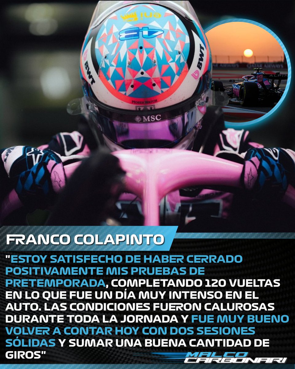 McarbonariF1's tweet photo. #FrancolapintoenF1 "EL EQUIPO HIZO UN GRAN TRABAJO"

Franco Colapinto contó sus sensaciones luego de haber terminado sus primeros tests de Baréin. El piloto argentino completo el equivalente en distancia a más de seis grandes premios a lo largo de los seis días de pretemporada. https://t.co/d8ghA9y7bs