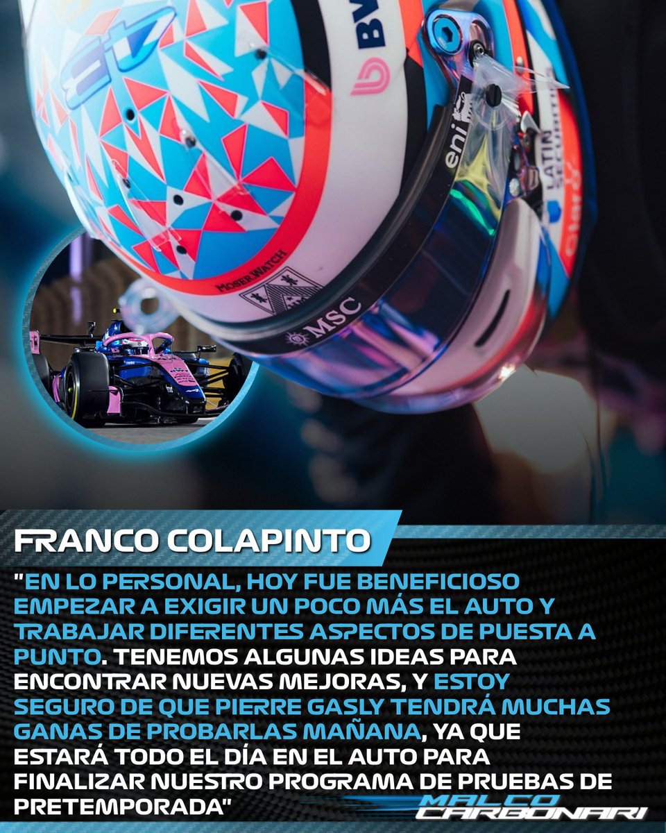 McarbonariF1's tweet photo. #FrancolapintoenF1 "EL EQUIPO HIZO UN GRAN TRABAJO"

Franco Colapinto contó sus sensaciones luego de haber terminado sus primeros tests de Baréin. El piloto argentino completo el equivalente en distancia a más de seis grandes premios a lo largo de los seis días de pretemporada. https://t.co/d8ghA9y7bs