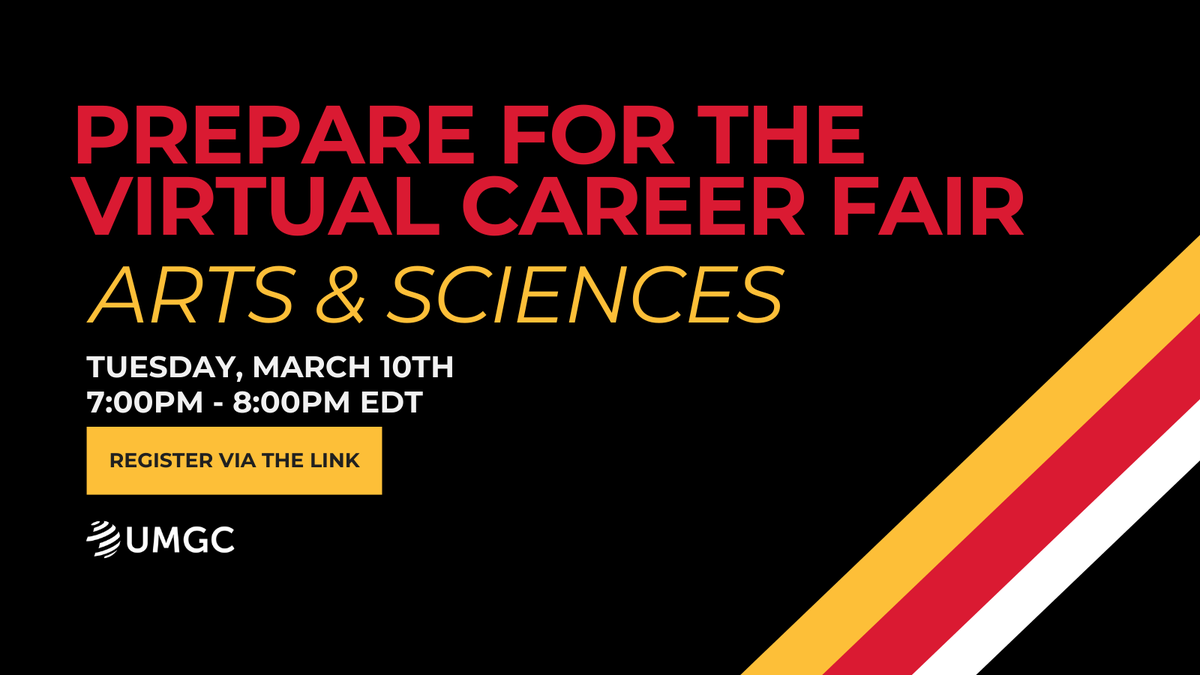 umdglobalcampus's tweet image. Getting ready for the UMGC Virtual Career Fair? 🎓
Join our prep session to learn how to navigate the platform, connect with employers, and make a strong impression. Open to UMGC students and alumni—especially Arts &amp;amp; Sciences majors!
#UMGC #CareerReady #VirtualCareerFair 
Save