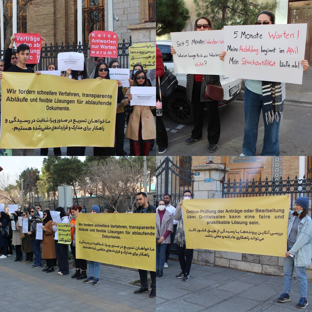 Msd_1997's tweet photo. Wir, Visumantragsteller für Deutschland, protestierten am 19. Februar vor der Deutschen Botschaft in Teheran.
Wir fordern transparente Termine und mehr Klarheit im Visaverfahren.
Viele warten seit Monaten-wichtige Unterlagen laufen ab.

@GermanyDiplo

#DeutschlandVisum #VisaDelay https://t.co/5u8KMEjJAe