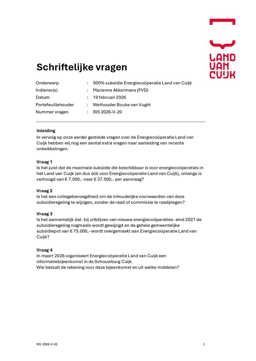 fvd_lvc's tweet image. #FVD stelt schriftelijke vragen over de fikse verhoging van subsidiegelden voor energiecoöperaties in Land van Cuijk.

Energiecoöperaties ontvangen nu 5x zoveel subsidie als 2 jaar geleden door de raad is vastgesteld. Is dit überhaupt een collegebevoegdheid?

Lees hier onze