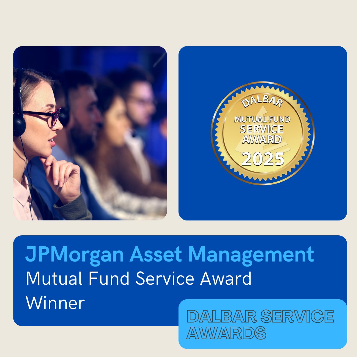 DalbarInc's tweet photo. Congratulations to @JPMorganAM for winning the 2025 DALBAR Mutual Fund Service Award!

#CustomerService #FinancialServices #MutualFunds https://t.co/86TCrQZ8UP