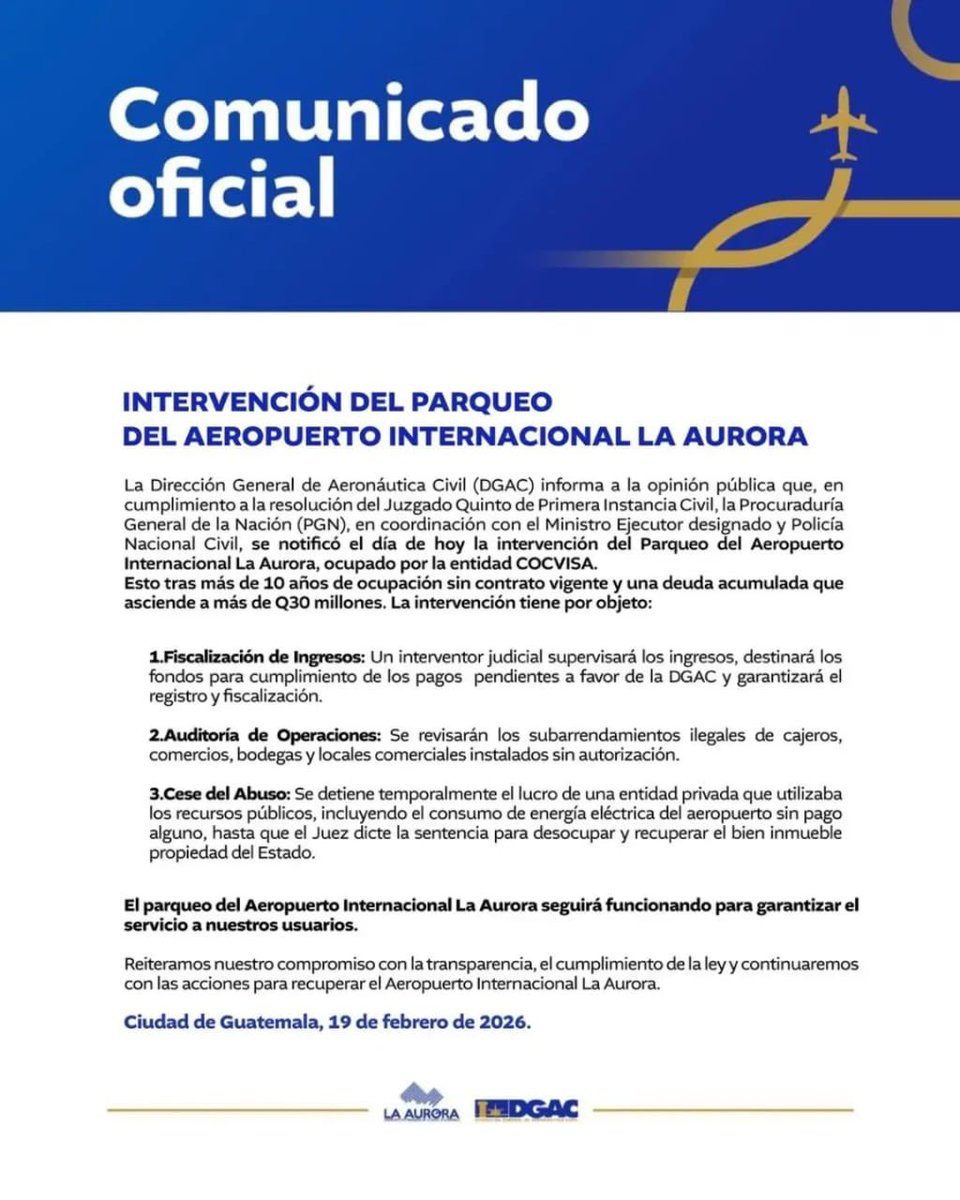 El Gobierno, a través de la Dirección General de Aeronáutica Civil (DGAC), anunció que intervino judicialmente el parqueo del Aeropuerto Internacional La Aurora.

¿Por qué?

Porque la empresa COCVISA, que administraba el parqueo:
•Llevaba más de 10 años ocupándolo sin contrato