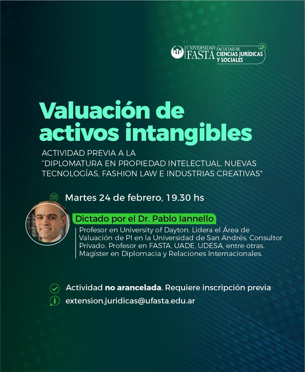 📣 Webinar | Valuación de Activos Intangibles

✅ Actividad no arancelada
🔗 Requiere inscripción previa:
apps.ufasta.edu.ar/extension/insc…

📧 Cualquier duda al correo: extension.juridicas<a href="/ufasta/">Universidad FASTA</a>.edu.ar

📲 Seguinos en Instagram: @ufasta.juridicas