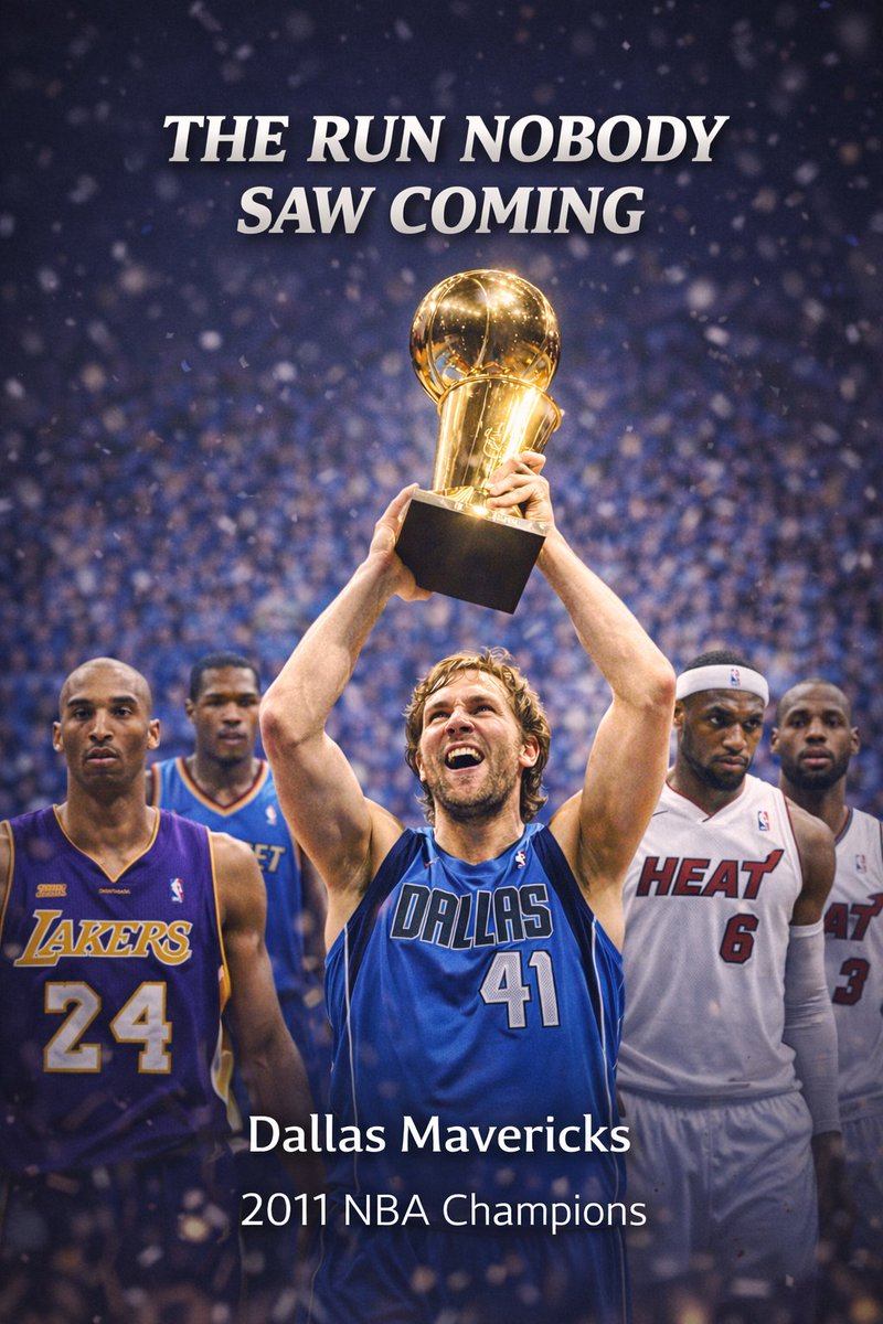 UnderdogLegends's tweet photo. 🏀 The Run Nobody Saw Coming

First Kobe’s Lakers 💜💛
Then the young OKC superteam ⚡
Then LeBron’s Miami Big Three 🔥
Everyone expected them to fall.
They didn’t.

Dirk played through pain 🤕
Hit impossible shots 🎯
Delivered in every clutch moment ⏱

Against the biggest stars in the world… they won it all. 🏆

Dallas Mavericks, 2011.
#UnderdogLegends #NBA #NBAFinals #DirkNowitzki