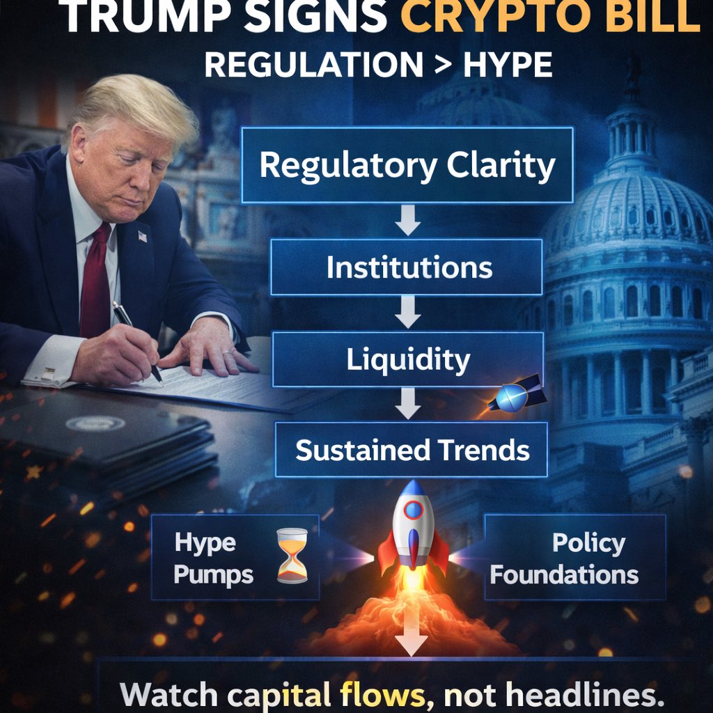 Trump signing #crypto #legislation isn’t a “$1M tomorrow” button.

It’s regulatory clarity.

Clarity → institutions.
Institutions → liquidity.
Liquidity → sustained trends.

Hype pumps fast.
Policy builds foundations.

Watch capital flows, not headlines. 🚀