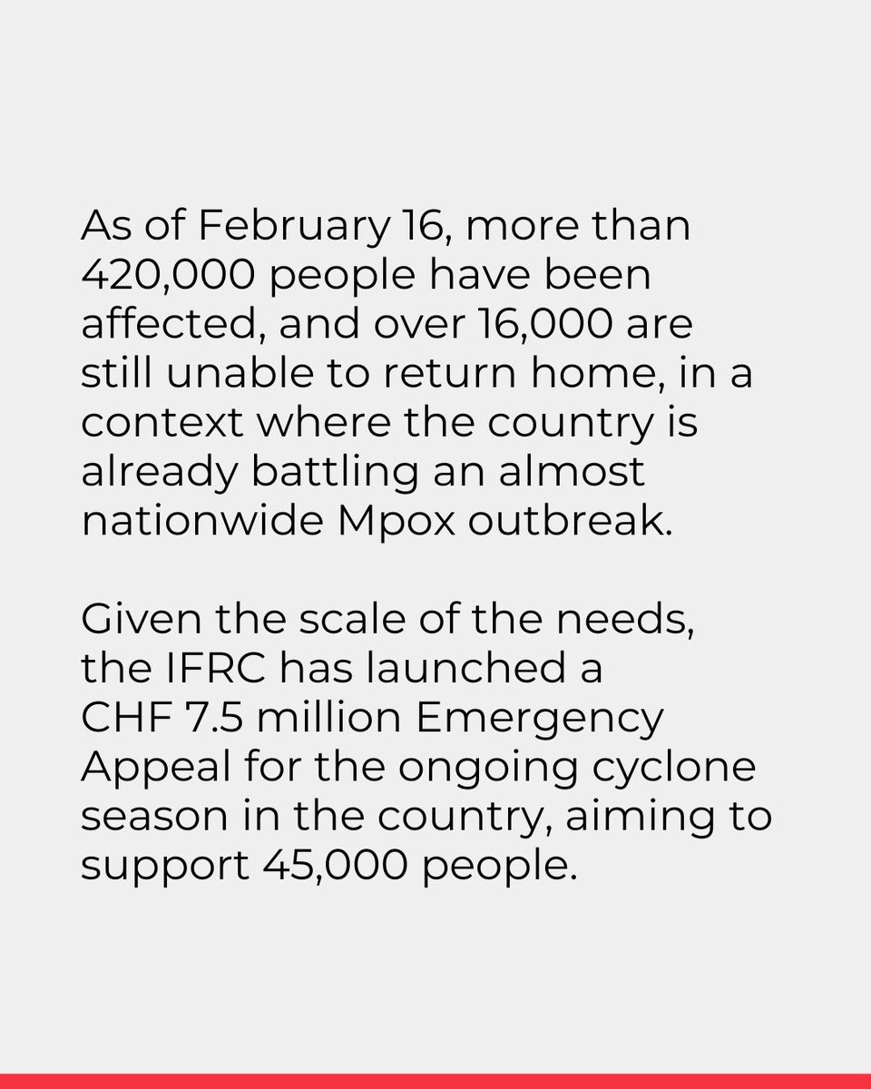 ifrc's tweet photo. In less than two weeks, Madagascar has been hit by two tropical cyclones.

To meet the scale of the needs, the @IFRC has launched a CHF 7.5 million Emergency Appeal for the ongoing cyclone season aiming to assist 45,000 people with life-saving aid, shelter, and recovery support. https://t.co/Xdu6VVKcUI