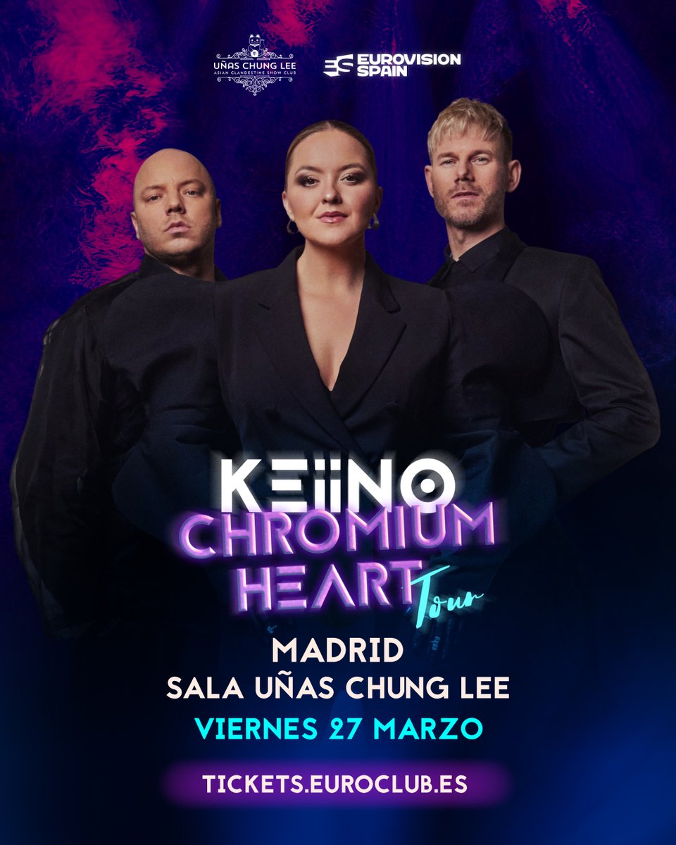 eurospaincom's tweet photo. 🪩 KEiiNO hará parada de su Chromium Tour en Madrid el próximo 27 de marzo de la mano de Eurovision-Spain con un concierto único e irrepetible.

💜 Te esperamos en la icónica sala Uñas Chung Lee para una Midnight Gloria inolvidable.

🎟️ https://t.co/kddeWWoPPI