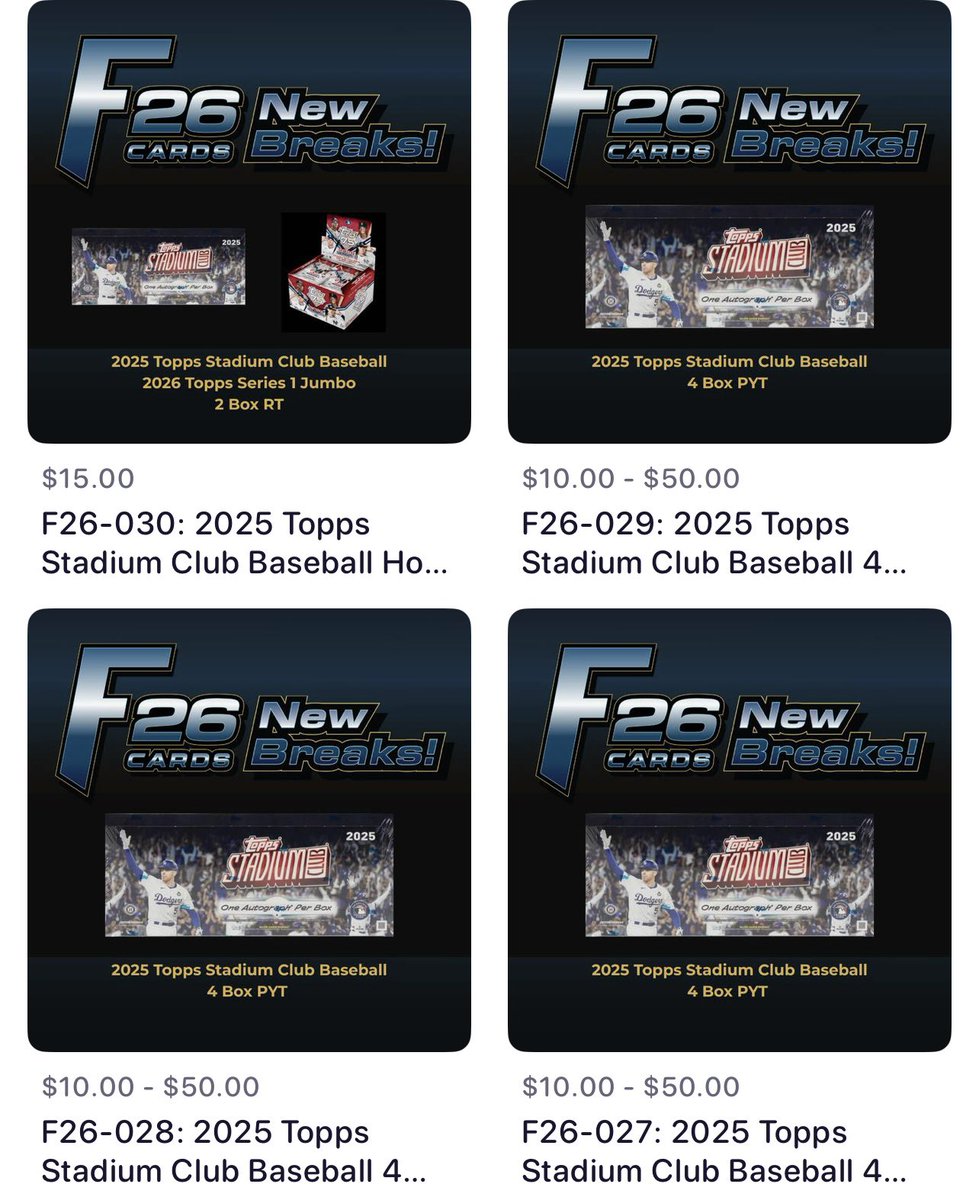 midwestboxbreak's tweet photo. 🚨Friday Night Hobby Fun🚨

👉8pm ET: F-26 Cards (Fertmann)
@F26Cards 
⚾️Topps Stadium Club Breaks (pic)
🎁Live Giveaway!
Grab a spot👇
https://t.co/q9ZMiLJXrM

Watch live or archived at
https://t.co/lp1AYkodIc (livestream tab)
Breaks, stack sales, &amp; live auctions daily! https://t.co/jdSxbkjDLj