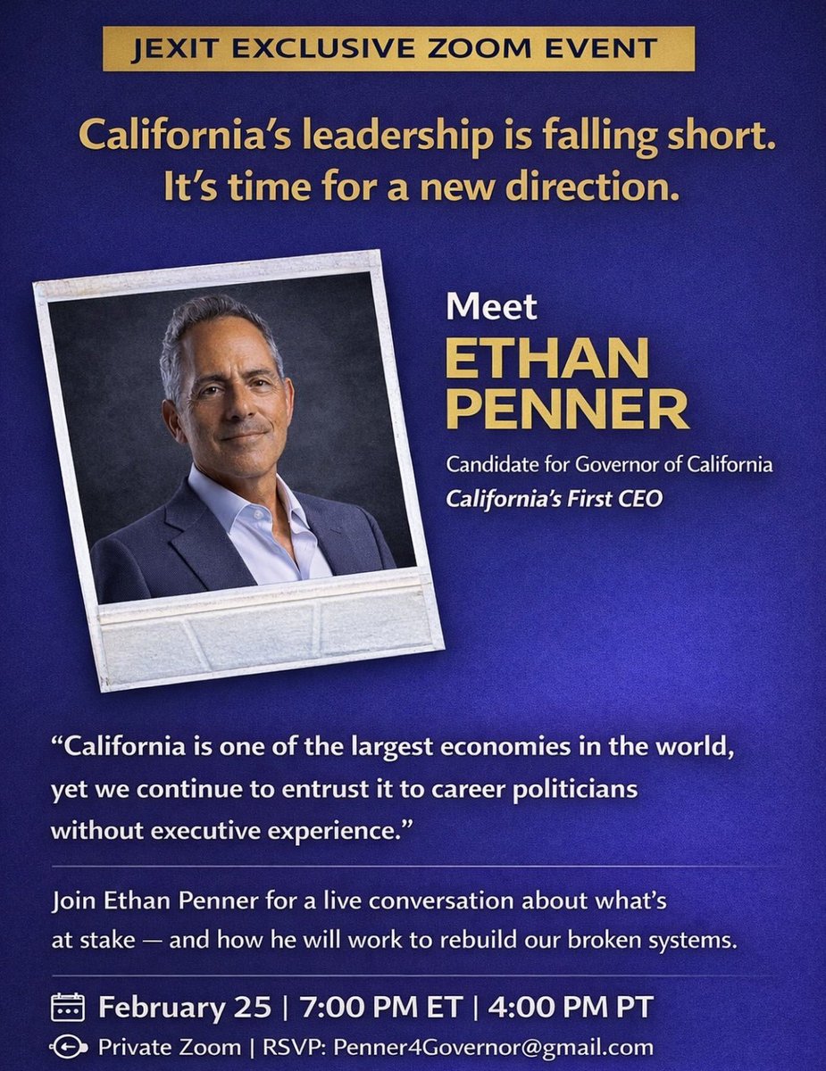 Join me for an exclusive conversation to hear about my vision for California and why experienced leadership matters now more than ever.

📅 February 25
🕖 7:00 PM ET | 4:00 PM PT
🔒 Private Zoom
✉️ RSVP: Penner4Governor@gmail.com

California can lead again. It’s time for a new