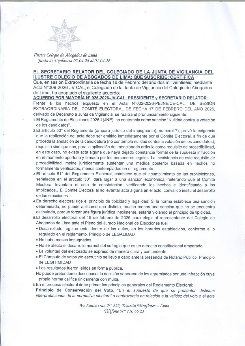 CALPERUOFICIAL's tweet photo. 📄 #CALinforma | COMUNICACIÓN OFICIAL DE LA JUNTA DE VIGILANCIA DEL CAL
La Junta de Vigilancia del Colegio de Abogados de Lima ha remitido la Carta Múltiple N.° 003-2026-JV-CAL, mediante la cual pone en conocimiento de los órganos correspondientes diversas consideraciones vinculadas al desarrollo del proceso electoral 2026, este último domingo 15 de febrero.
Adjuntamos el documento a continuación: https://t.co/a0sRKjCppV