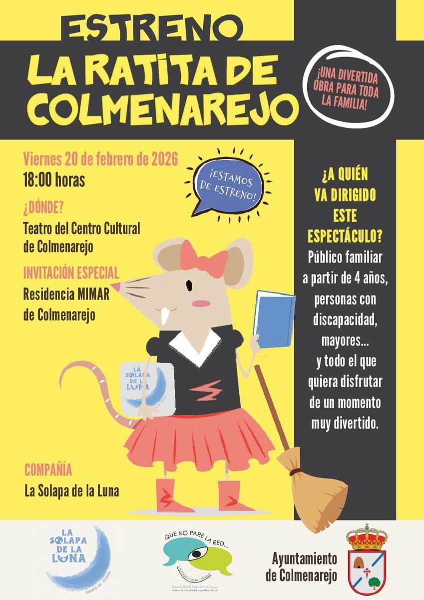 LaReddeGalapa's tweet photo. Mañana viernes a las 18 h el grupo de teatro de la Red estará en el TEATRO DE COLMENAREJO.

Vamos a representar la obra "La Ratita de Colmenarejo". Dirigida a público familiar con menores a partir de 4 años, personas con discapacidad y mayores. 

Es gratis hasta completar aforo. https://t.co/Etue5iZRTe