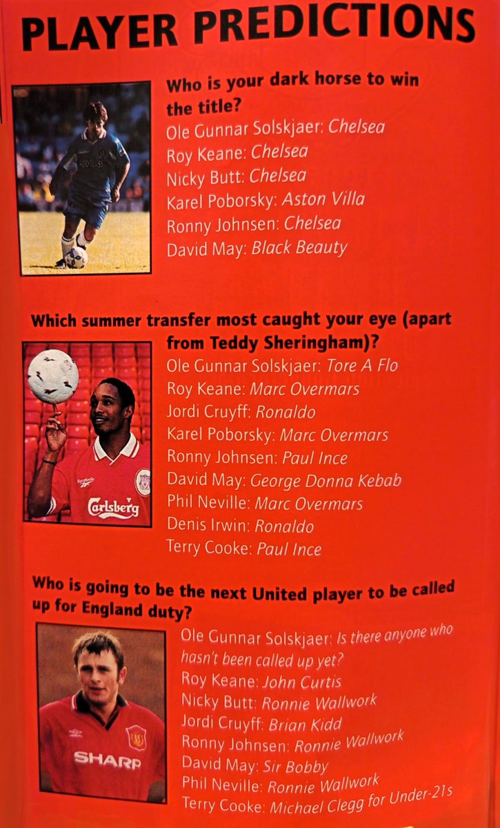 MUFCPremYrs's tweet photo. Here's some niche stuff.

It's a bunch of United players' predictions ahead of the 1997-98 Premiership season.

I don't think David May was taking it seriously... https://t.co/5PvdODRt78