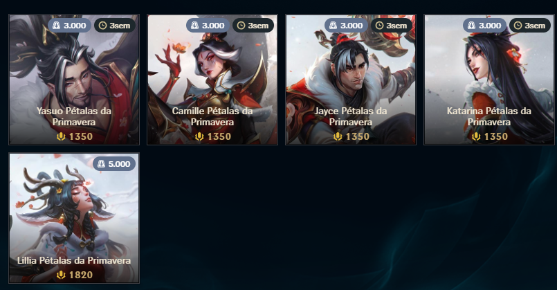 HeyShuggie's tweet image. 👀 | NOVIDADES DO PATCH 26.04 NO LIVE

⇒ Já estão disponíveis no LIVE por tempo limitado:

   ▸ Skins Pétalas da Primavera do Yasuo, Camille, Jayce, Katarina e Lillia
   ▸ Pacotes Skin + Moldura
   ▸ Ícones + Moldura separados (apenas no servidor BR)
   ▸ Aurelion Sol de