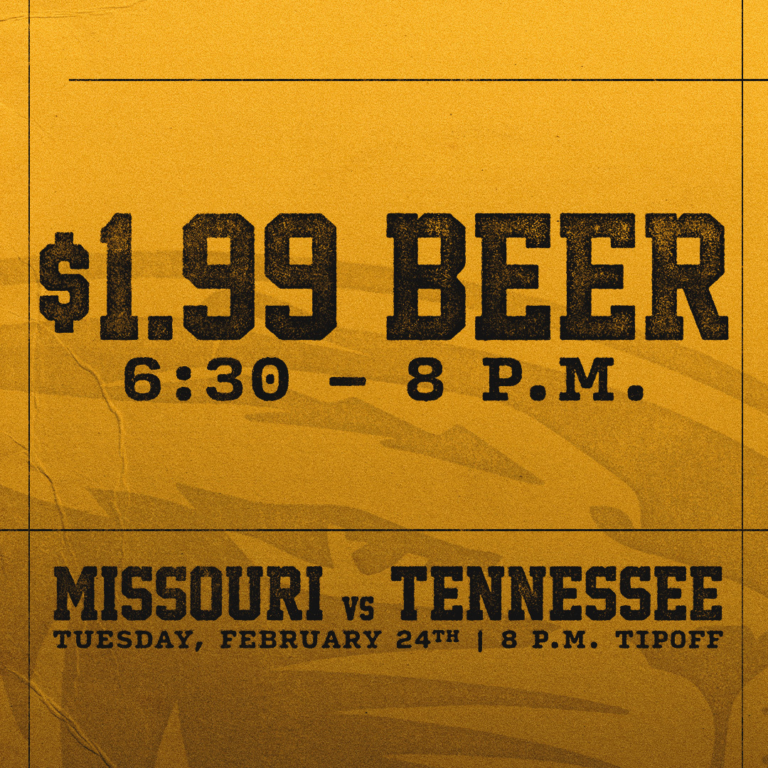 MizzouAthletics's tweet photo. Join us next Tuesday for $1.99 beers from the time doors open until tip-off between @MizzouHoops and Tennessee! 🍻

The earlier you arrive, the longer you can take advantage of this great deal. 🤷‍♂️

🎟️: https://t.co/7sdlfiNXmh

#MIZ 🐯 https://t.co/qL0Gq7I6Xf