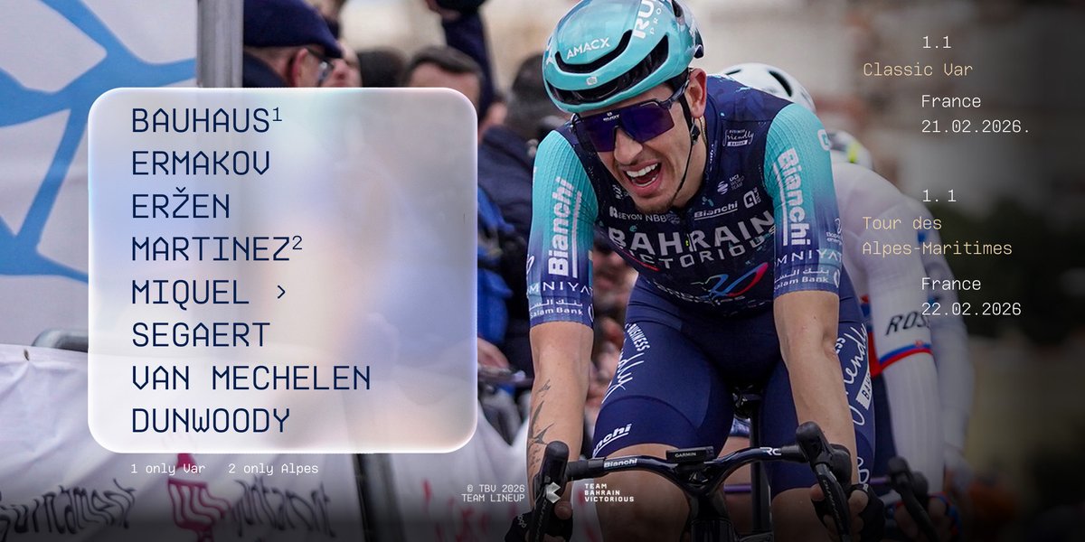 BHRVictorious's tweet photo. 📣 Meet our team for the French weekend 🇫🇷

21 Feb – Classic Var
22 Feb – Tour des Alpes-Maritimes

#RideAsOne #rideforGino 

🔗 https://t.co/Q6sn2X7DPN https://t.co/oCCxMI0Meb