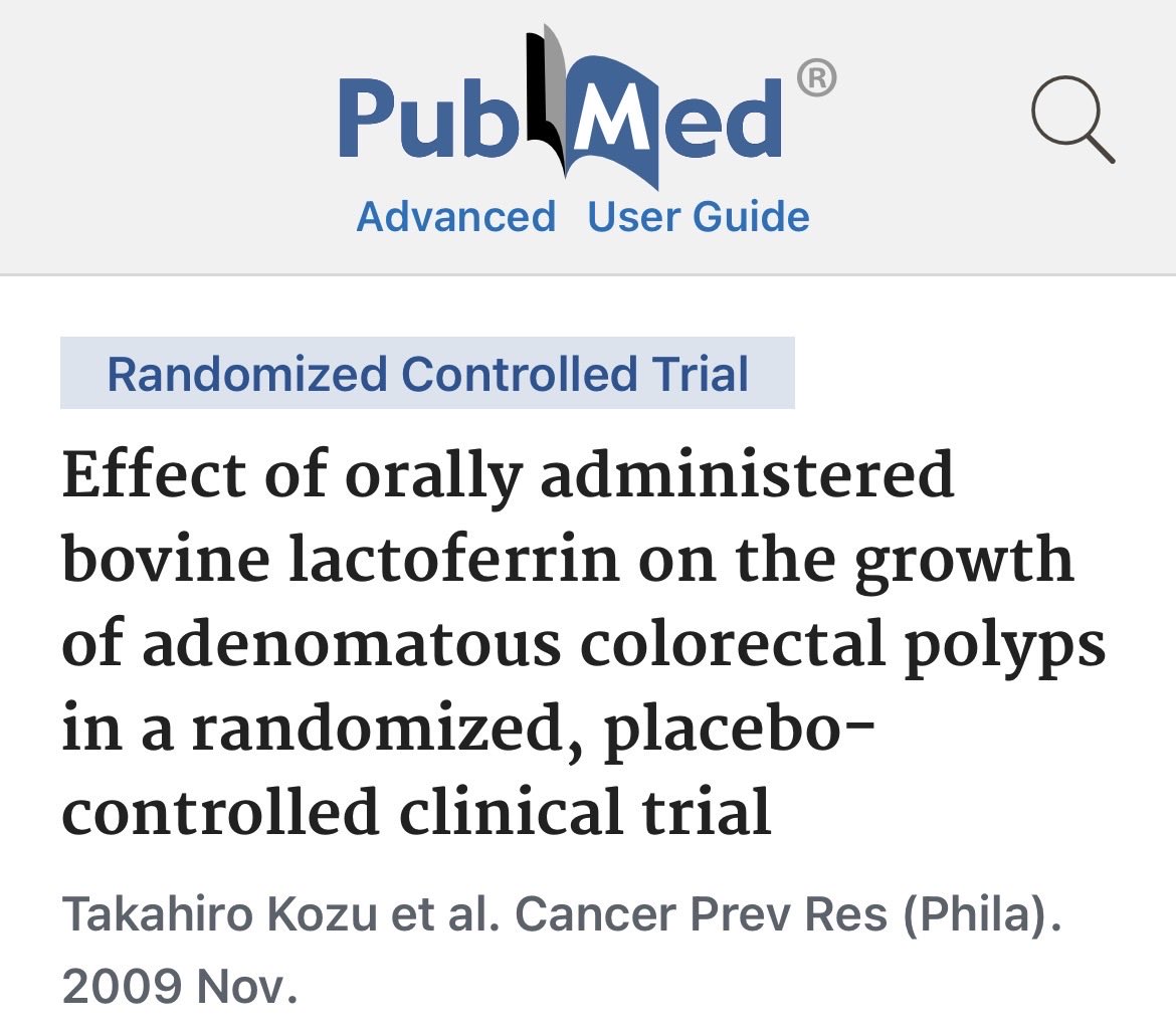 FarvingCo's tweet photo. 3g LACTOFERRIN daily significantly slowed precancerous colon growth— for 12 months straight.

Japan’s National Cancer Center found this in 2009. The West completely ignored it.

→ Polyp growth significantly slowed in patients ≤63
→ Some polyps actually regressed
→ NK cell activity increased in patients with shrinking polyps

Published in Cancer Prevention Research. (PMID: 19861543)