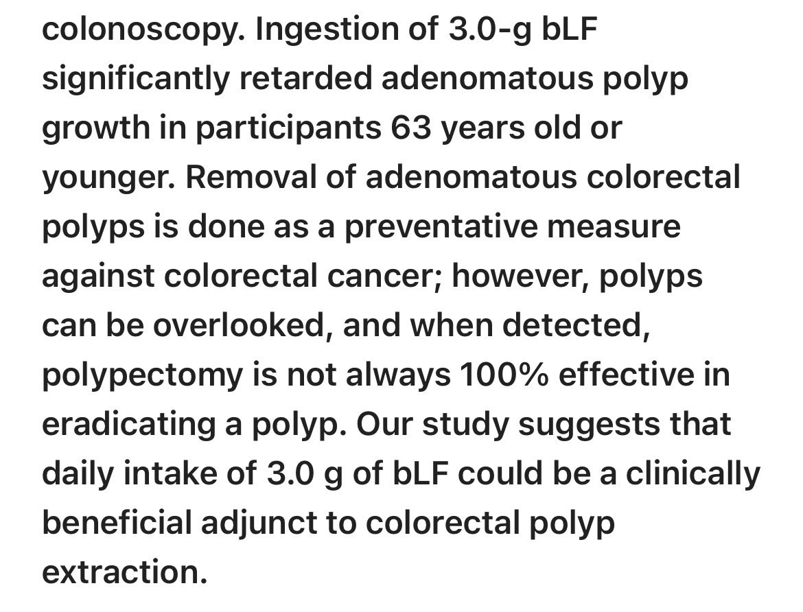 FarvingCo's tweet photo. 3g LACTOFERRIN daily significantly slowed precancerous colon growth— for 12 months straight.

Japan’s National Cancer Center found this in 2009. The West completely ignored it.

→ Polyp growth significantly slowed in patients ≤63
→ Some polyps actually regressed
→ NK cell activity increased in patients with shrinking polyps

Published in Cancer Prevention Research. (PMID: 19861543)