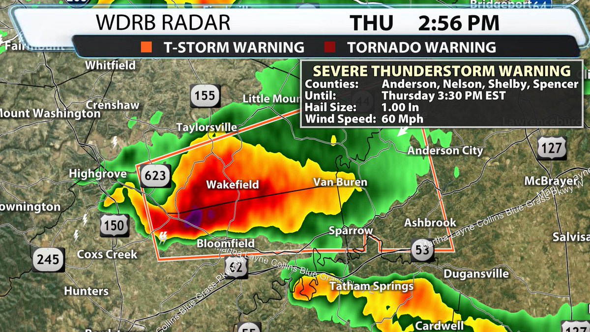 A Severe Thunderstorm Warning has been issued for Nelson, Anderson, Shelby, Spencer Co. until 2/19 3:30PM EST. Tune to WDRB or go to our interactive radar at wdrb.com/weather.