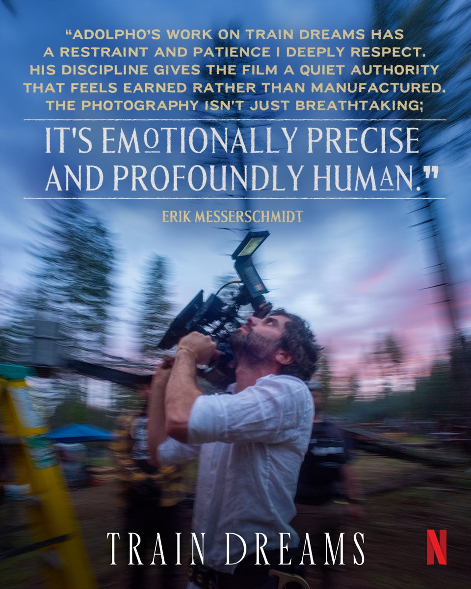 traindreamsfilm's tweet photo. Erik Messerschmidt praises Oscar nominee Adolpho Veloso’s innovative work in TRAIN DREAMS. Nominated for 4 Academy Awards including Best Cinematography. Watch now on Netflix. https://t.co/jNlgvkQeN6