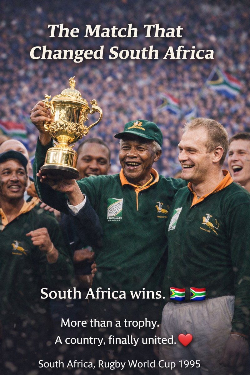 UnderdogLegends's tweet photo. 🏉 The Match That Changed South Africa

For decades, South Africa was divided by apartheid.
Rugby was seen as the sport of the white minority. ⚡
Most Black South Africans supported the other team.

Then came the 1995 Rugby World Cup. 🌍
Hosted by South Africa. A new nation, newly free.

President Nelson Mandela walked onto the field… 👔
wearing the Springbok jersey. 🟢
A symbol once hated… now a symbol of unity.

Final vs New Zealand. 💥
Extra time. One pressure kick. 🎯
South Africa wins. 🏆🇿🇦

More than a trophy.
A country, finally united. ❤️
South Africa, Rugby World Cup 1995.

#UnderdogLegends #Mandela