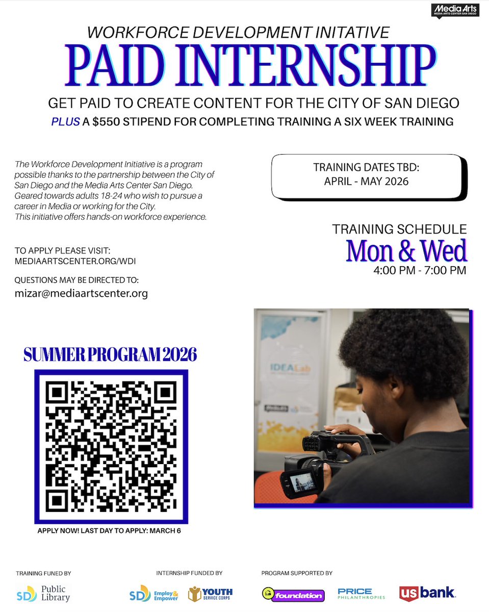 macsd's tweet photo. Emerging filmmakers (18 to 24). Now's your chance! Interested in filmmaking training &amp; a PAID 5-11 month internship w/ City of SD? 📷 Apply before March 6: https://t.co/AEZBIlGs53 https://t.co/WkFPPRoL3g