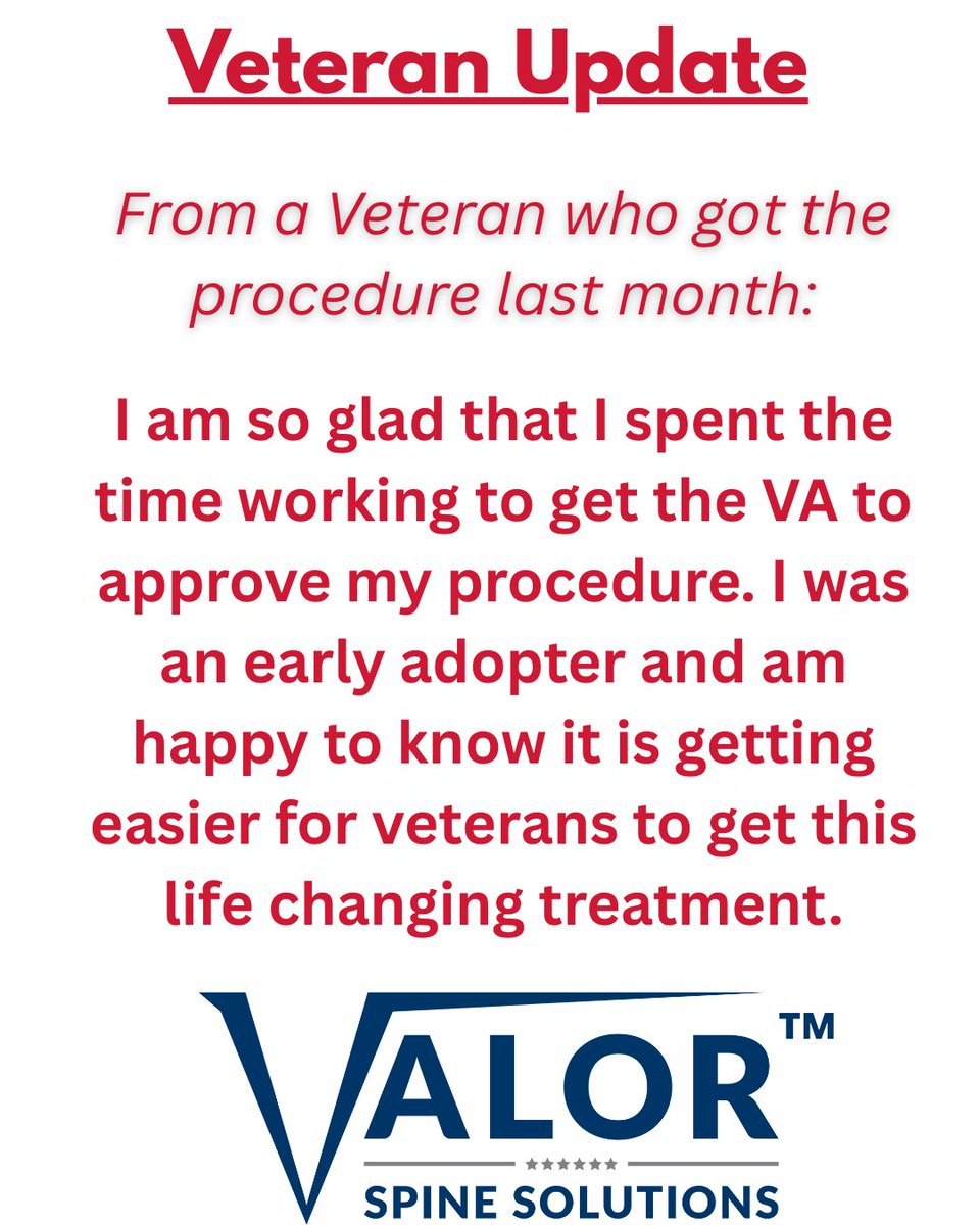 ValorSpine's tweet photo. Veteran update 

#veterans #veteran #veteranbackpain #chronicbackpain #chronicneckpain https://t.co/rLhDRp6x8F