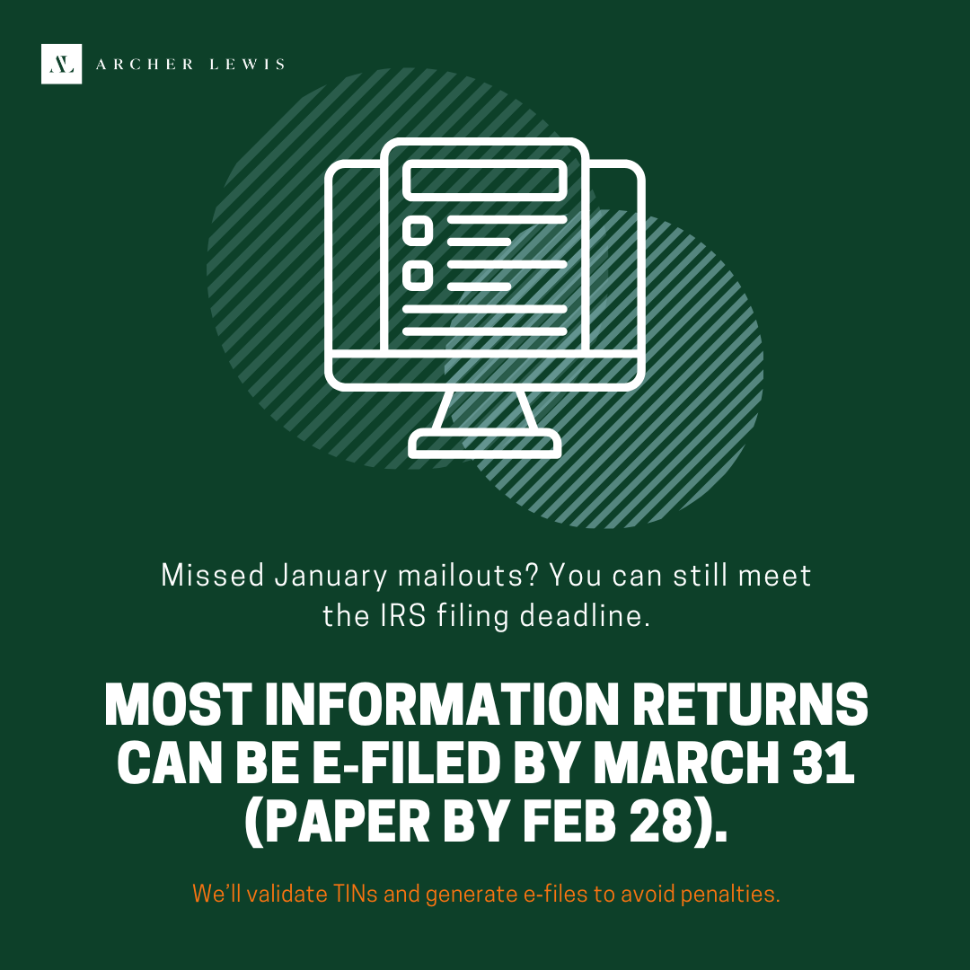 spectrumcpa's tweet photo. Missed January 1099 mailouts? You can still meet the IRS filing deadline—most returns can be e‑filed by March 31 (paper by Feb 28). We can help validate TINs, generate e‑files, and submit filings on time to avoid any penalties.

#ArcherLewis #1099 #Compliance #SmallBiz https://t.co/ZoyG8B3iXO