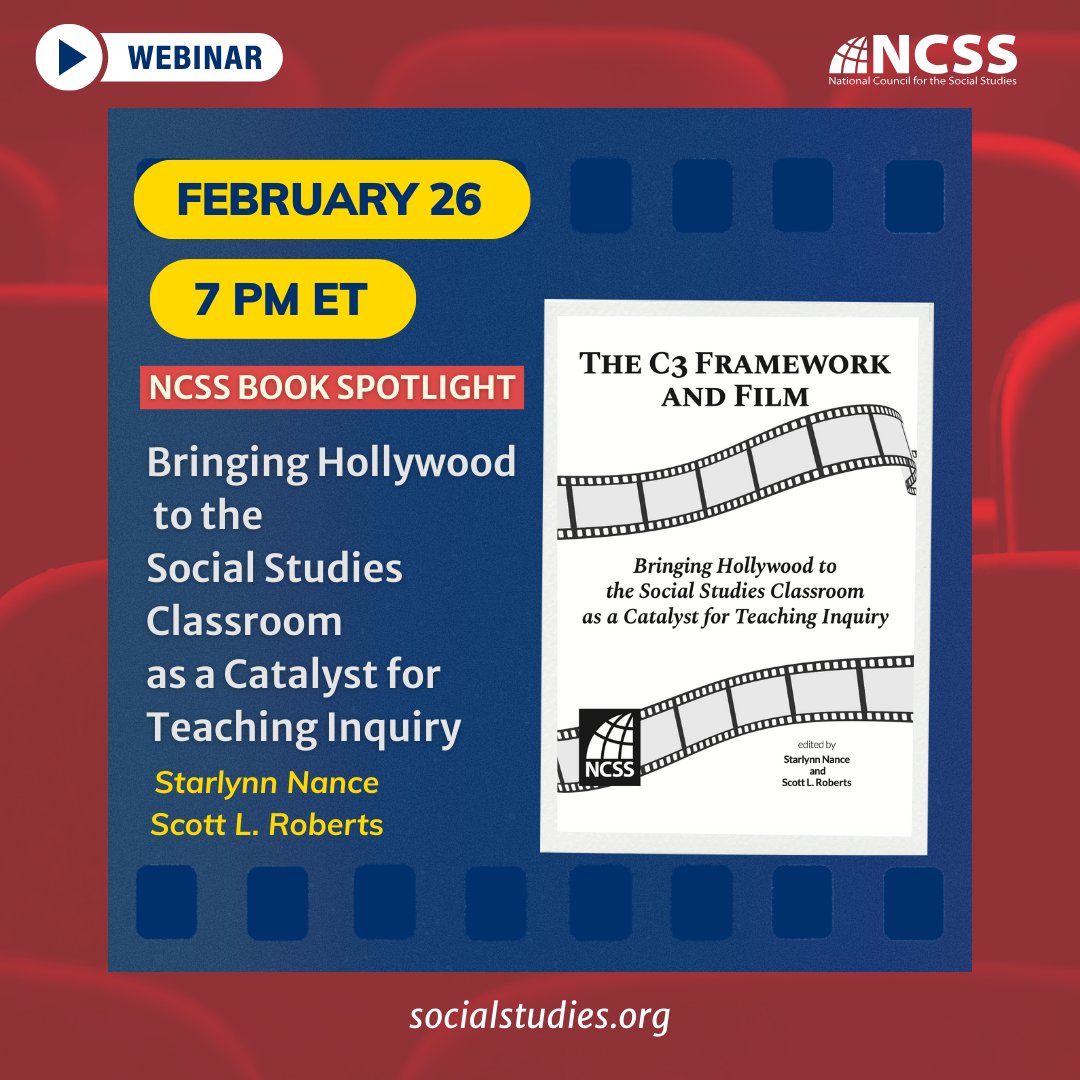NCSSNetwork's tweet image. 🎬 Discover how Hollywood can drive historical thinking, literacy, and student-led inquiry in K–12 social studies in next week's members-only webinar: hubs.li/Q041B9DW0 #film #socialstudies